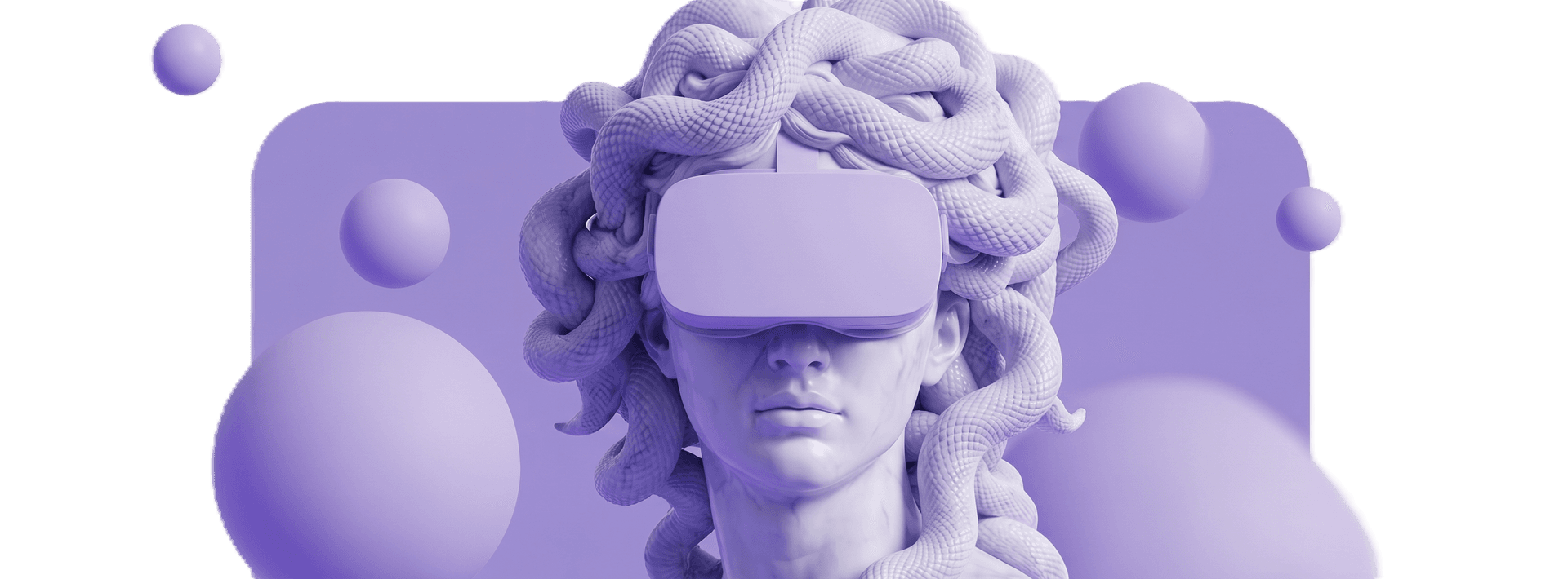 Futuristic 3D statue wearing a VR headset with branding